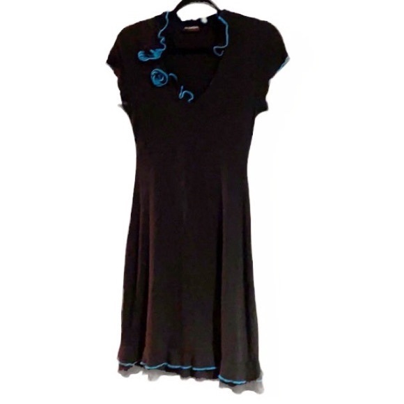 LUC FONTAINE Designer Black Dress!!! Turquoise Roses & Trim!!! - Picture 3 of 11